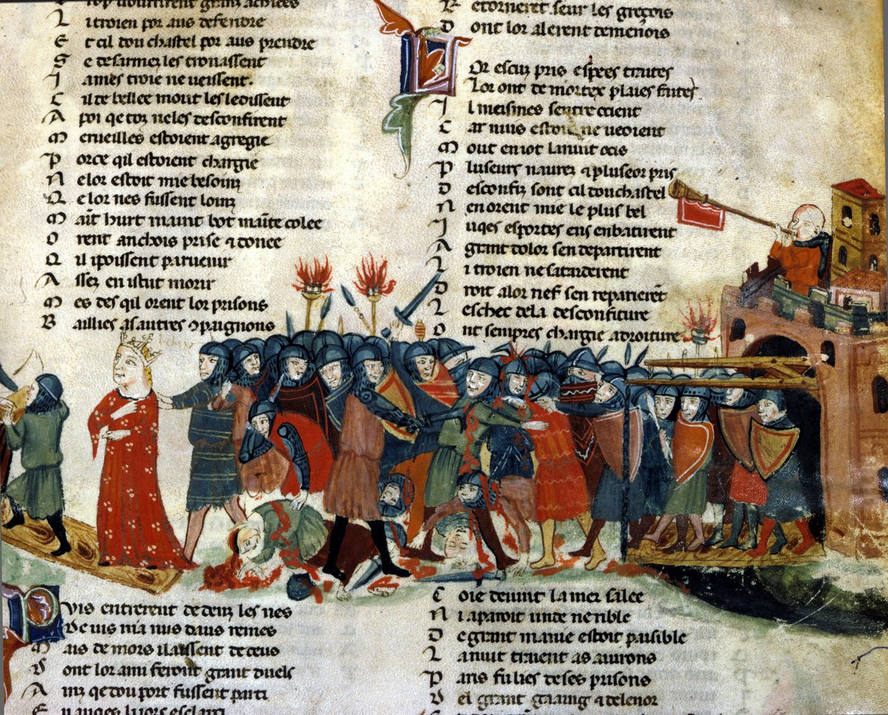 Kuningas joutuu vangiksi vihollisen armeijan toimesta, kun taistelun uhrit makaavat maassa. Benoit de Saint Mauren "Roman de Troy" -miniatyyri. 1300-luvun Biblioteca Marciana, Venetsia tekijältä Unknown artist