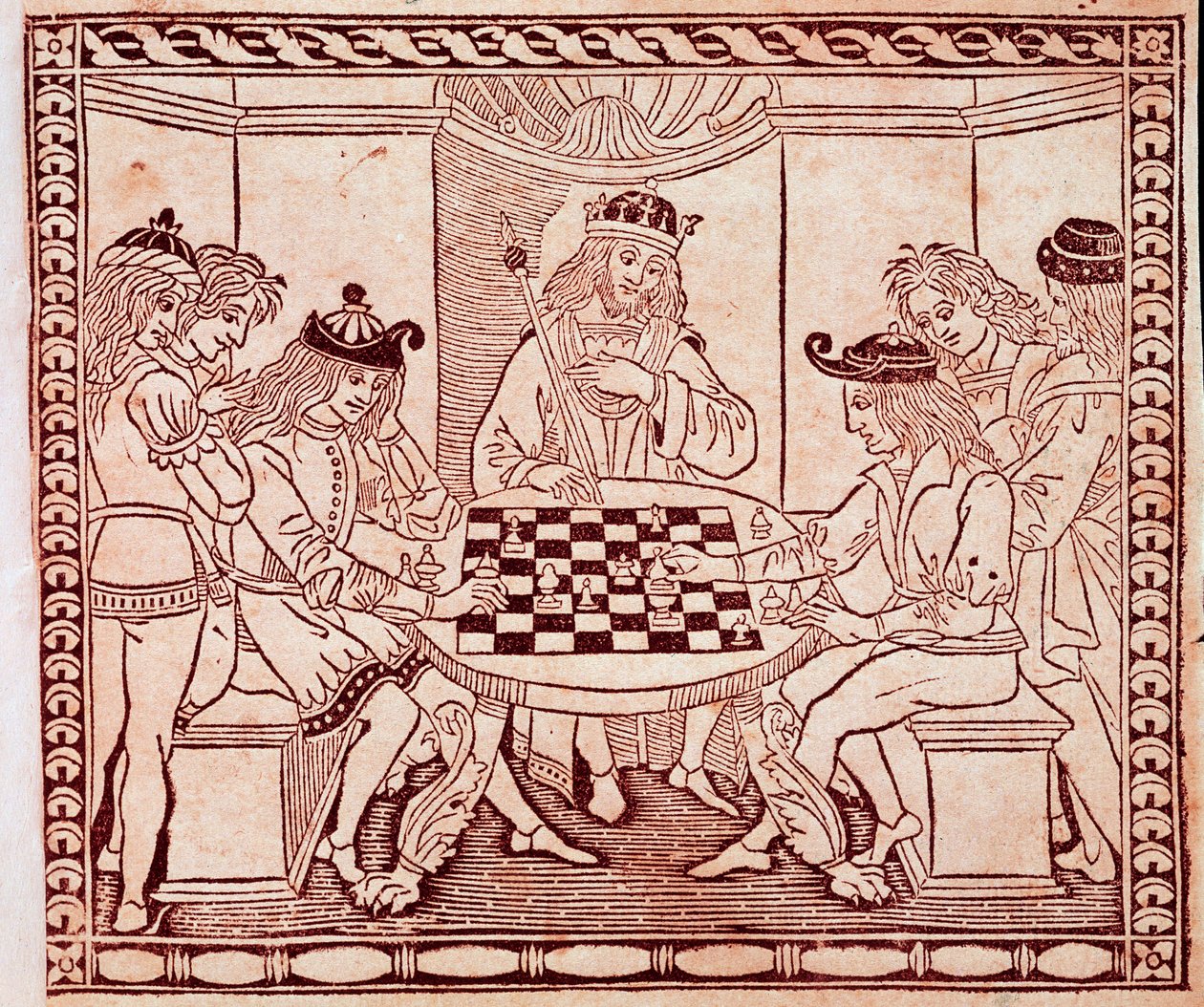 Kuningas katsomassa shakkipeliä Ksylografia Jacopo de Cessolesin (1300-luku) "De Ludo Scorcorum" -elokuvasta Venetsian Biblioteca Marciana tekijältä Unknown artist