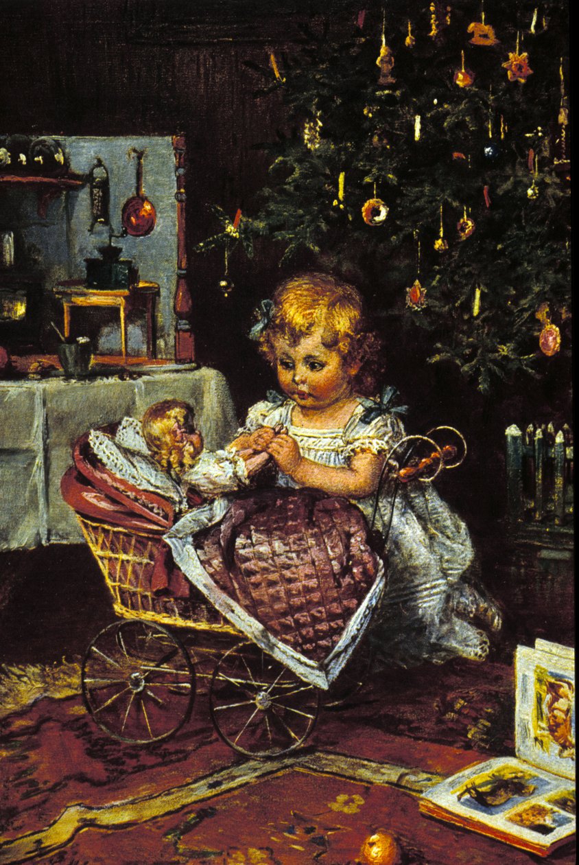 Pieni tyttö löytää nuken ja vaunut joulukuusen alta. 1800-luvulla tekijältä Unknown artist