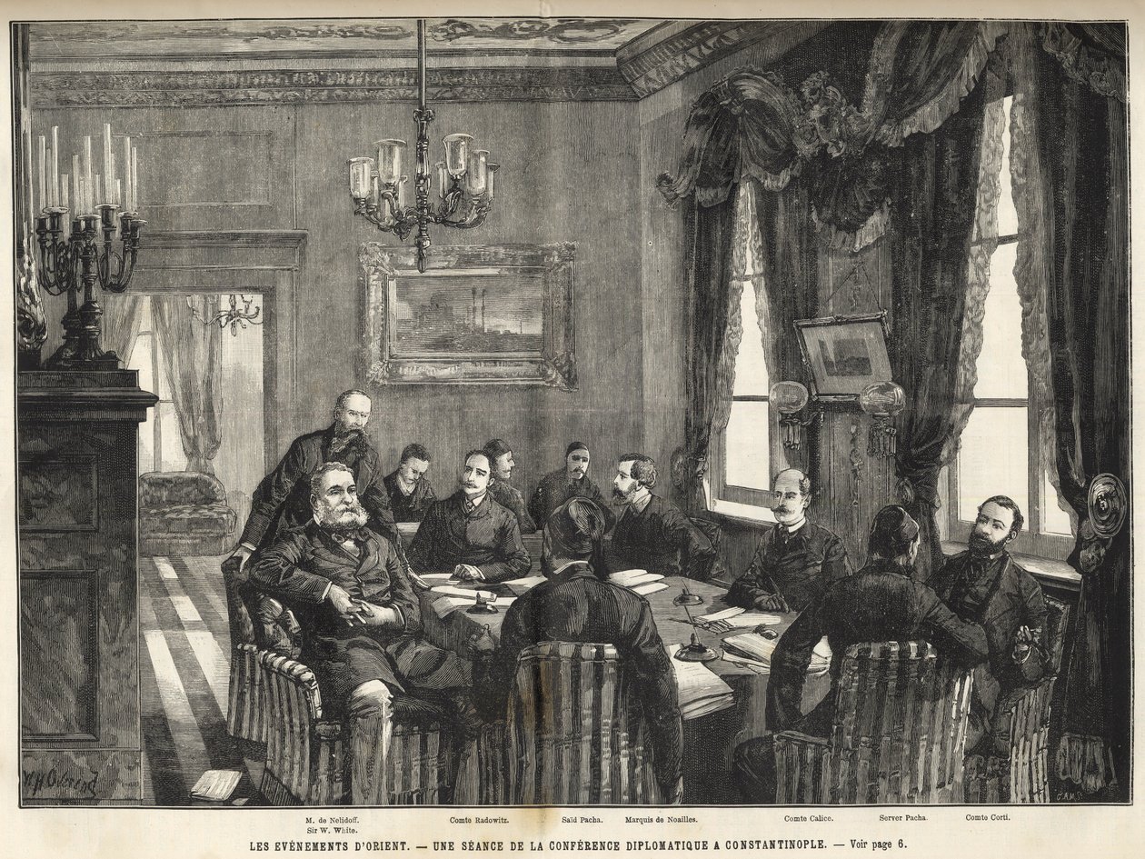 Konstantinopolin eurooppalaisen konferenssin kokous Serbia-Bulgaria sota, Turkki - Serbo-Bulgaria sota - Diplomaattikonferenssin kokous Konstantinopolissa - 1885 - vuoden 1886 maineikkaassa universumissa (Aleksanteri Nalidov (Nelidoff) (1835-1910) - tekijältä Unknown artist