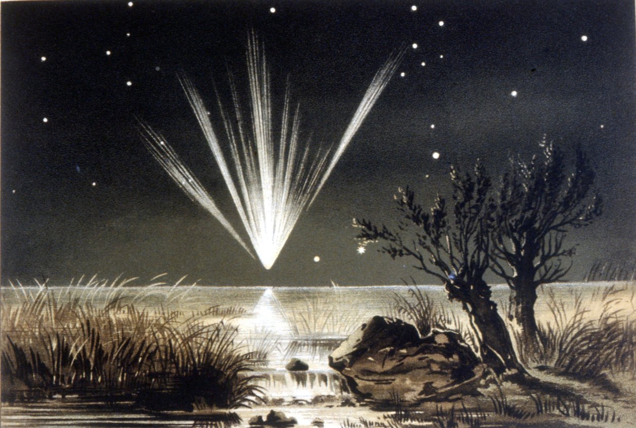 Meteoriitti putoaa mereen. Värillinen litografia 1800-luvun lopulta tekijältä Unknown artist