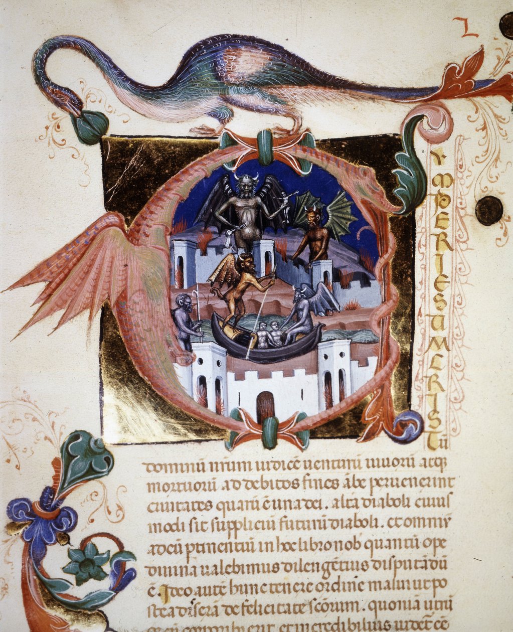 Pienoiskokoinen A-kirjain, joka edustaa paholaisen kaupunkia. Pyhän Augustinuksen 1300-luvun käsikirjoitus "" De Civitate Dei". Biblioteca Comunale di Rimini tekijältä Unknown artist