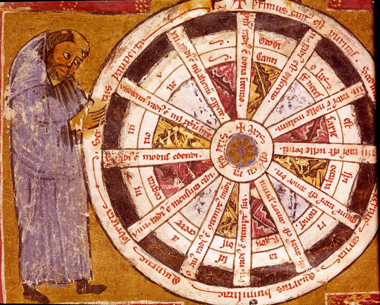 Munkki lähellä uskonnollisen elämän pyörää Pienoiskuva Hugo de Sancto Victoren (Pyhän Viktorin Hugh) (n. 1096-1141) ”teoksista” 1100-luvun Biblioteca Governativa, Cremona tekijältä Unknown artist
