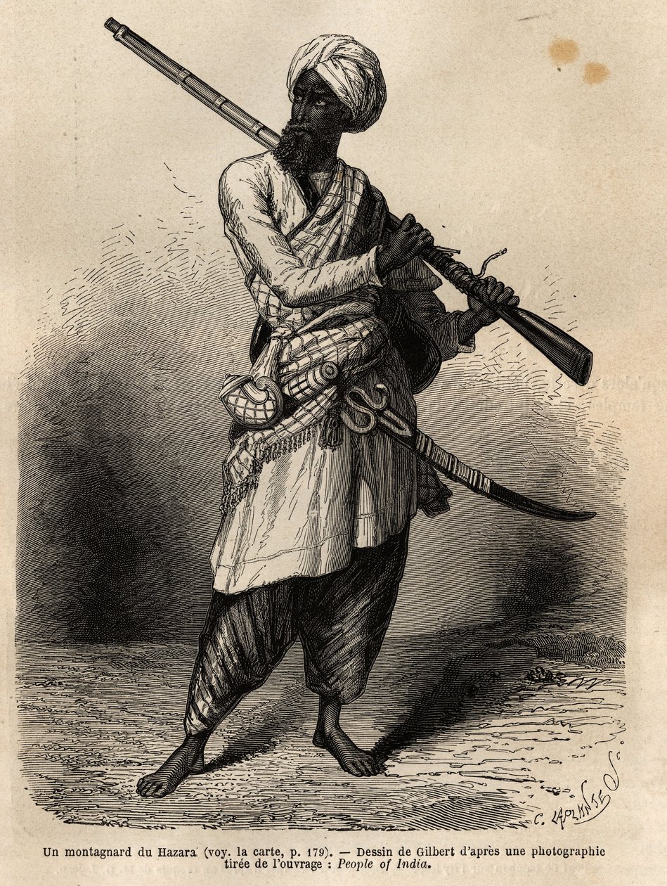 Vuorikiipeilijä Hazarasta (Punjab, Intia). Kaiverrus havainnollistamaan matkaa Pandjabiin ja Kashmiriin, Guillaume Lejeanin tarina vuonna 1866, julkaistu "Le tour du monde, nouveau journal des voyages" -lehdessä Edouard Chartonin johdolla. tekijältä Unknown artist