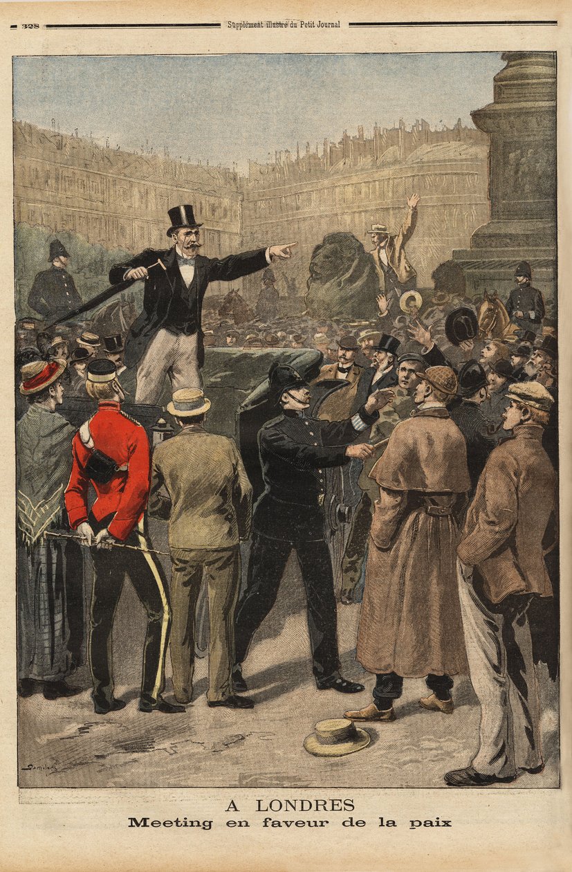 Rauhankokous Transvaalissa, Trafalgar Squarella, Lontoossa. Kaiverrus "" Le petit Journal" -lehdessä 9.8.1899. Selva Collection. tekijältä Unknown artist