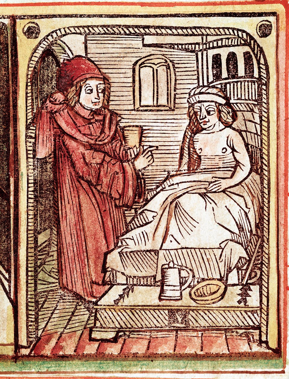Lääkäri antaa potilaalleen lääkekasveilla tehdyn hoidon Kaiverrus "Tractatus de pestilentiasta" 1400-luku - Praha, Kansalliskirjasto tekijältä Unknown artist