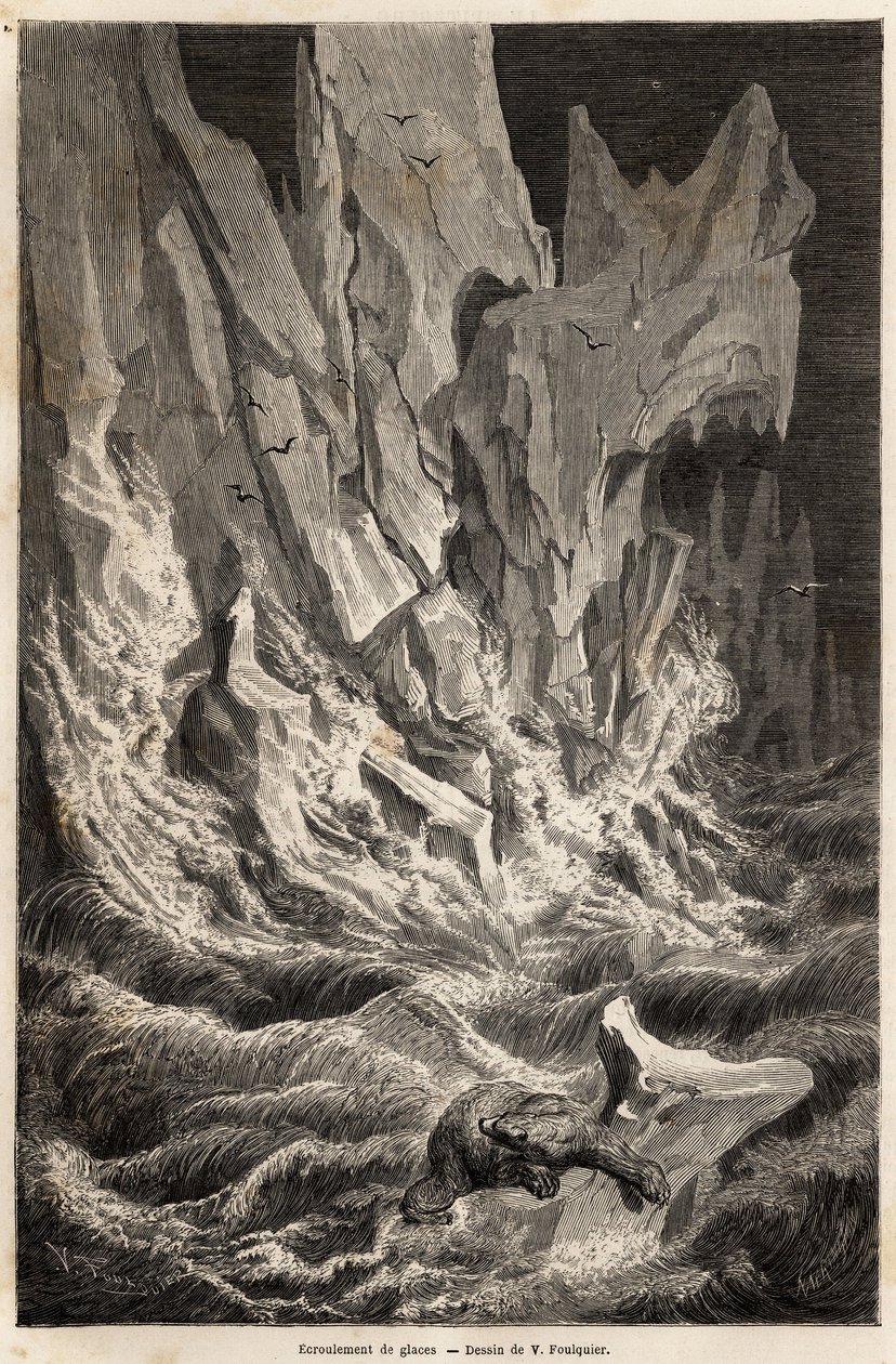 Jääkarhu on peräisin jäävuorelta, kun Spitzbergistä, Jäämeren saaristosta, jäälohkon romahtaminen, piirros V. Foulquier, havainnollistaa Huippuvuoret vuosina 1838-1839, Charles Martins. Kaiverrus kirjassa "" Le tour du monde"", toimittanut tekijältä Unknown artist