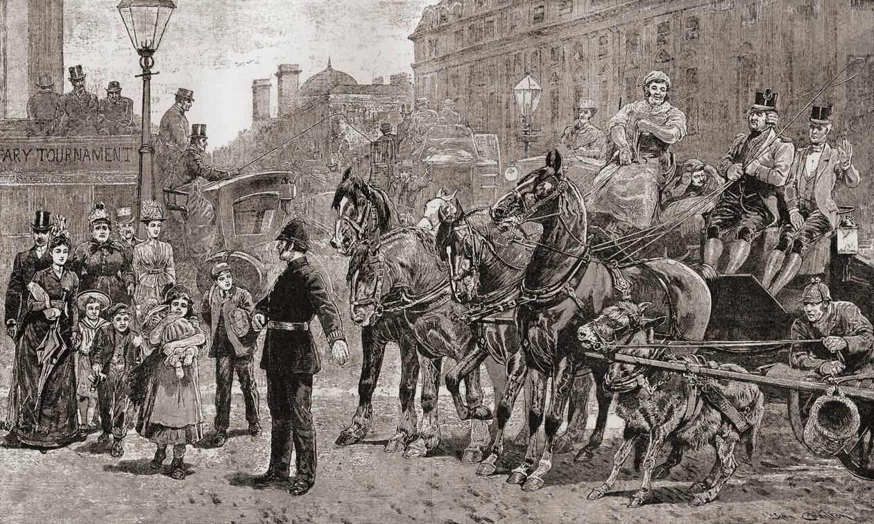 Poliisi pysäyttää liikenteen vilkkaasti liikennöidyssä risteyksessä, jotta jalankulkijat voivat ylittää tien, Lontoo, Englanti. tekijältä Unknown artist