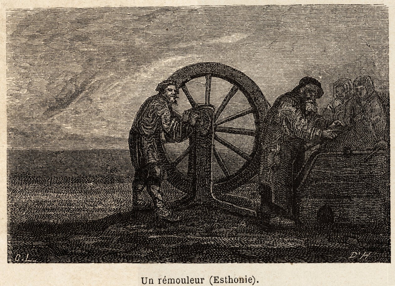 Poistaja Virossa. Henrietin piirros havainnollistamaan hänen matkaansa Venäjän Baltian maakuntiin vuosina 1851-54. Kaiverrus kirjassa "" Le tour du monde", toimittanut Edouard Charton tekijältä Unknown artist