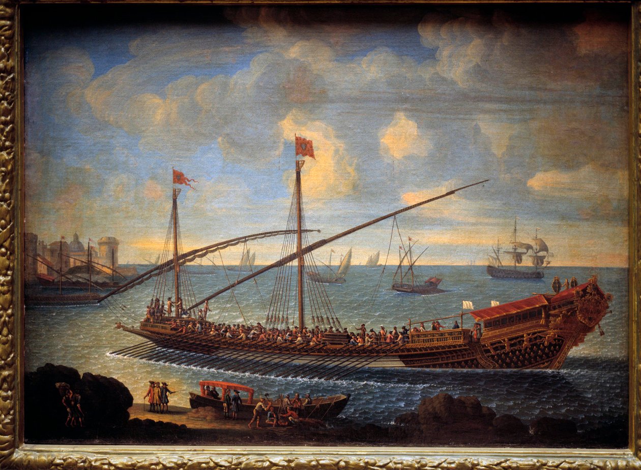 Kuninkaallinen keittiö palaa satamaan Tämä on "Reale de France", joka on rakennettu vuonna 1679. Nimetön maalaus 1600-luvulta. Pariisi, Musee de la Marine tekijältä Unknown artist