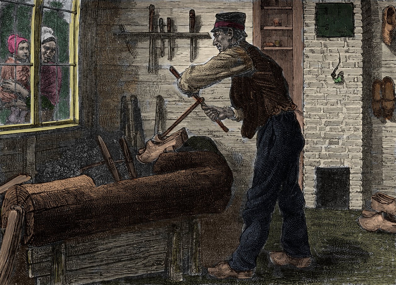 Sabotööri töissä työpajassaan Belgiassa, julkaisussa "" Le journal de la jeunesse 1888"". tekijältä Unknown artist