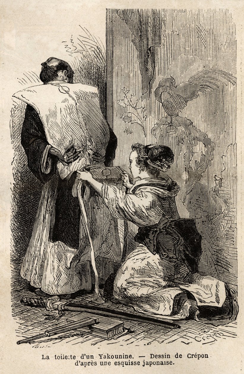Samurain wc, nuori piika auttaa häntä sitomaan kimononsa. Kaiverrus havainnollistamaan matkaa Japaniin vuosina 1863-1864, Sveitsin valaliiton ministeri Aime Humbert "" Le tour du monde, nouveau journal des voyages" -julkaisussa, joka julkaistiin johdolla. tekijältä Unknown artist