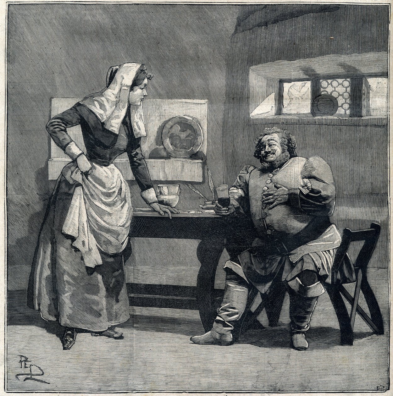 Kohtaus "Falstaff" Giuseppe Verdin oopperanimestä luotiin vuonna 1893. Kaiverrus kirjassa "" Le Parisien"" tekijältä Unknown artist