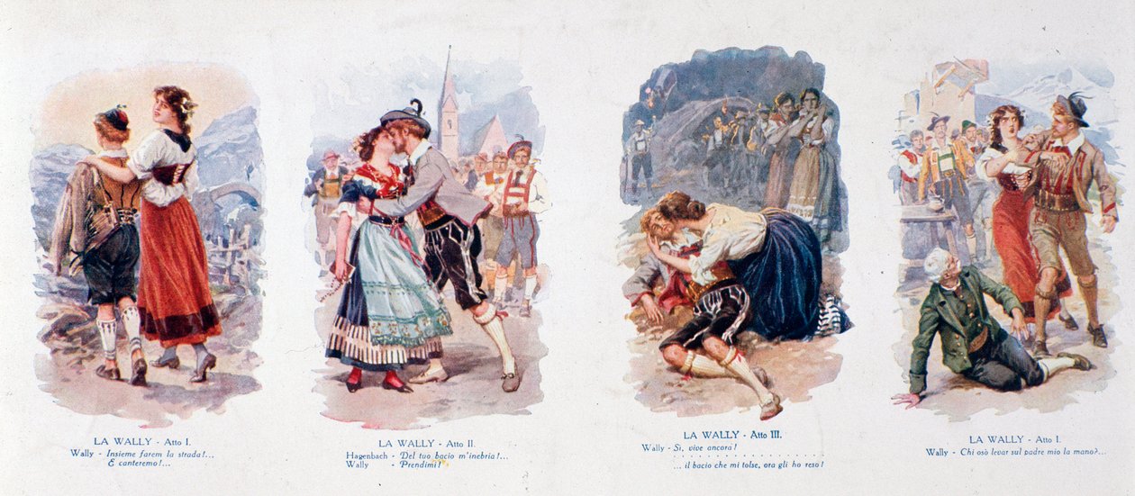 Sarja vinjettejä, jotka kuvaavat oopperaa La Wally (litografia) tekijältä Unknown artist