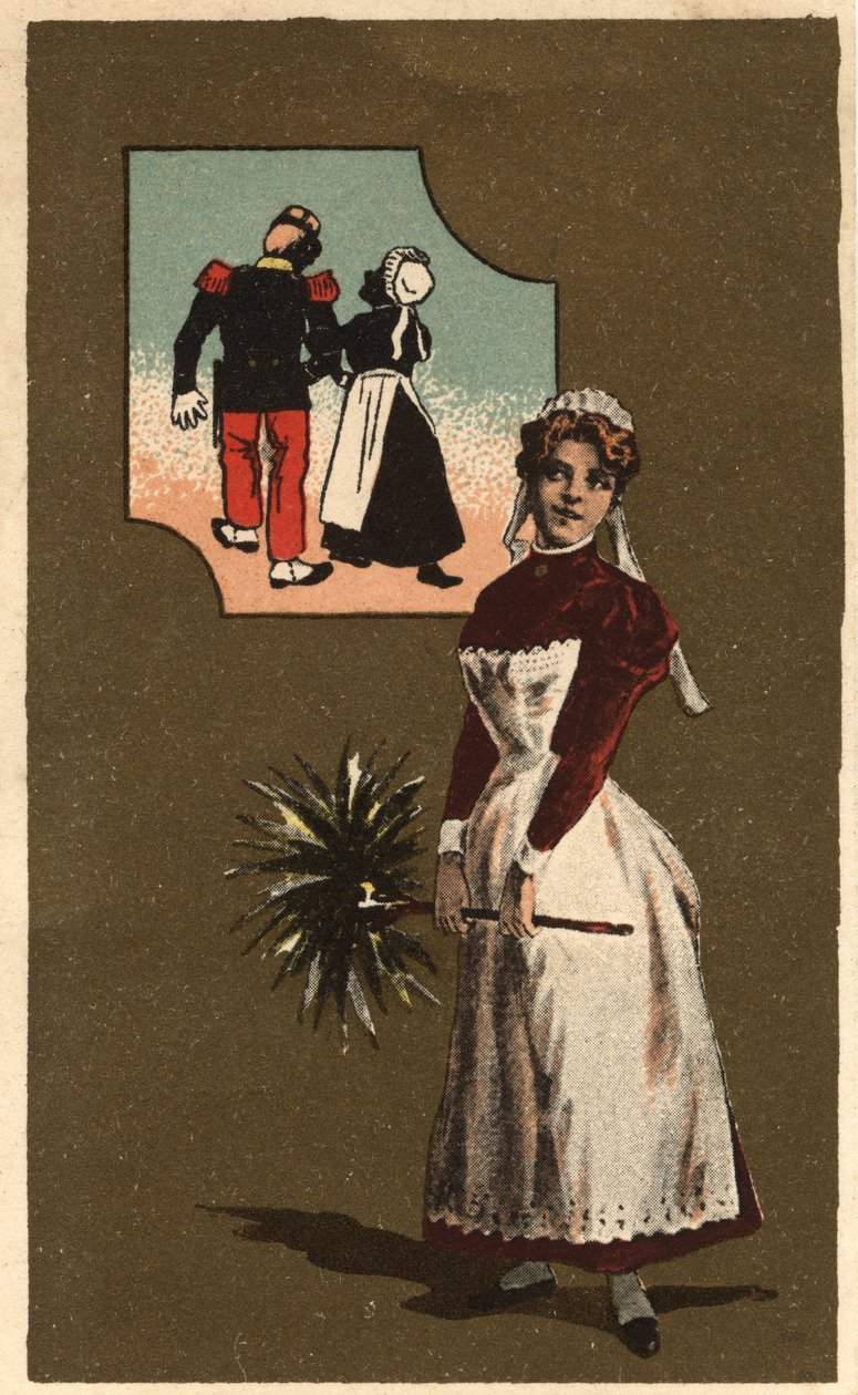 Palvelija, jolla on höyhen. Hän on haaveillut komean sotilaan kädestä. Anonyymi kromolitografia, 1800-luvun loppu. tekijältä Unknown artist
