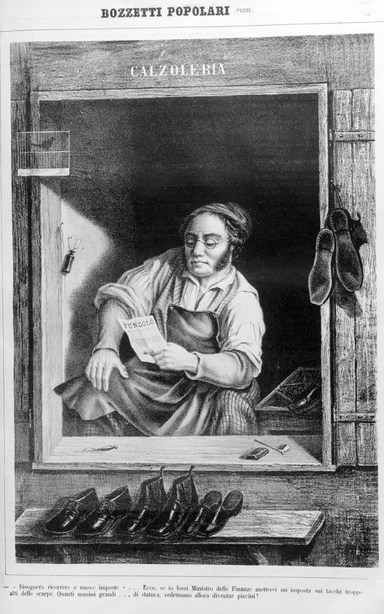 Suutarit 1800-luvulla: Jos korotamme korkokenkiä liian korkeiksi, kuinka monesta pitkästä miehestä tulee pieniä... tekijältä Unknown artist