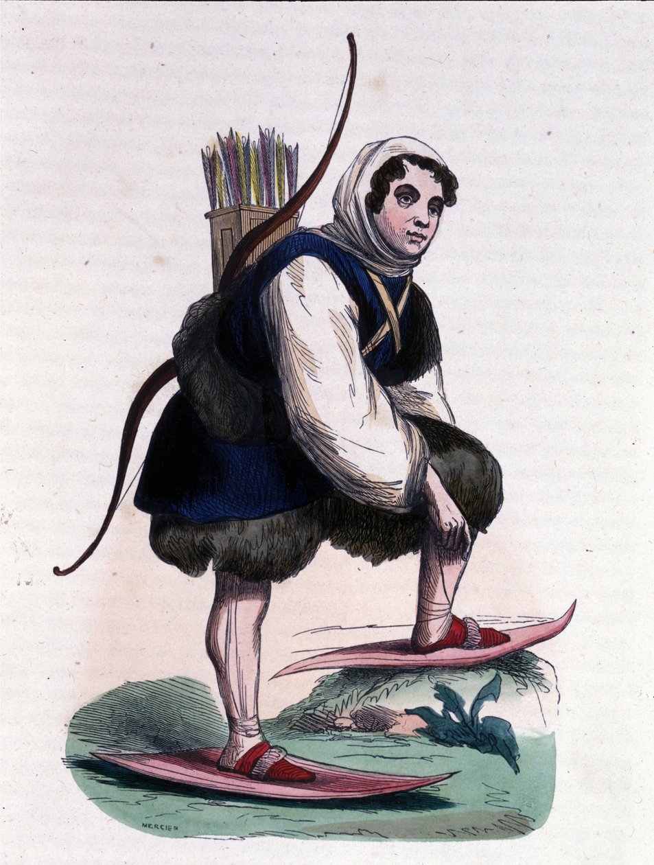 Suksimetsästäjä mongolialaista alkuperää olevasta samojediheimosta. tekijältä Unknown artist