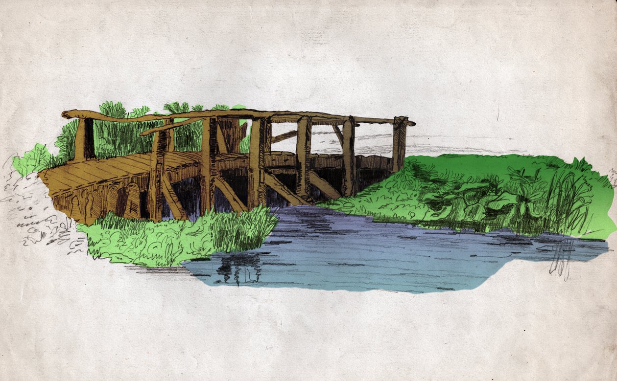 Pieni puinen silta joen yli (piirustus, noin 1830) tekijältä Unknown artist