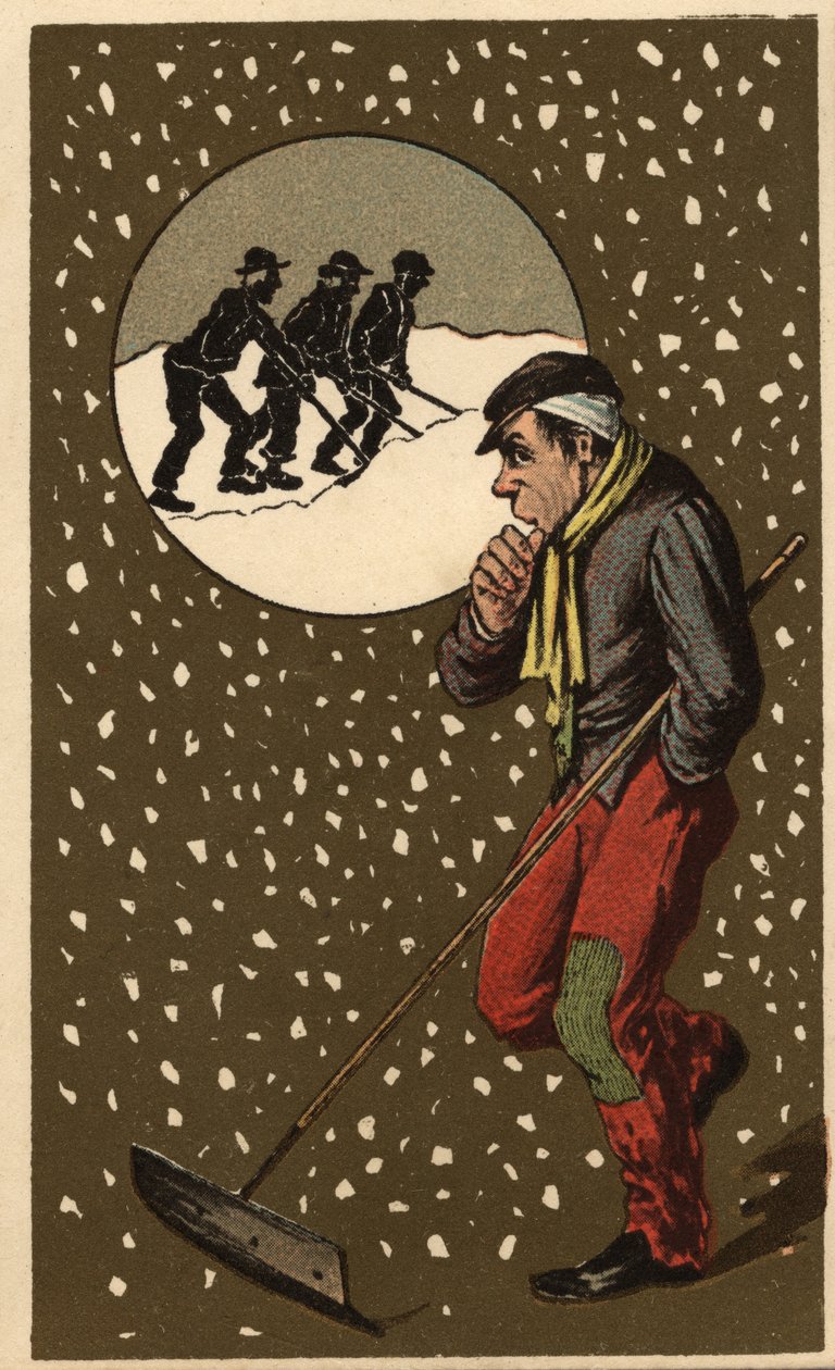 Lumen kerääjä lapioineen. Anonyymi kromolitografia, 1800-luvun loppu. tekijältä Unknown artist