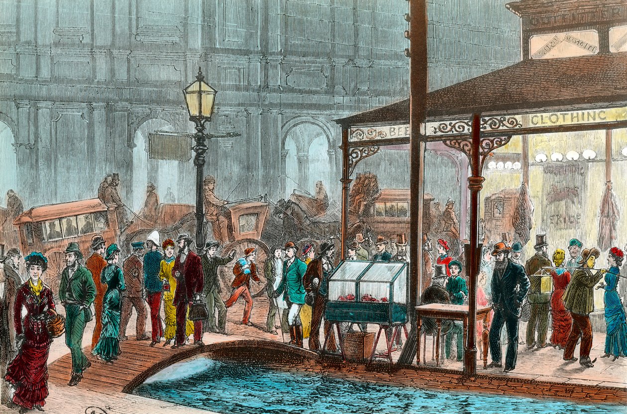 Katu Melbournessa lauantai-iltana Australiassa. Ohikulkijat kävelevät sillalla. Kaiverrus 1800-luvulta. Yksityinen kokoelma tekijältä Unknown artist