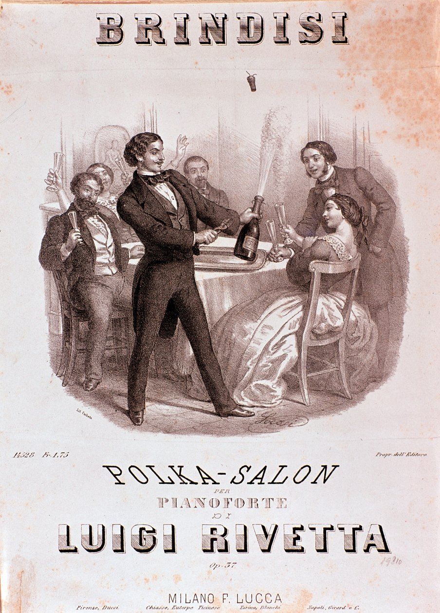 Maljakohtaus. Kuvitus Rivettan Brindisi-polkan partituurista tekijältä Unknown artist