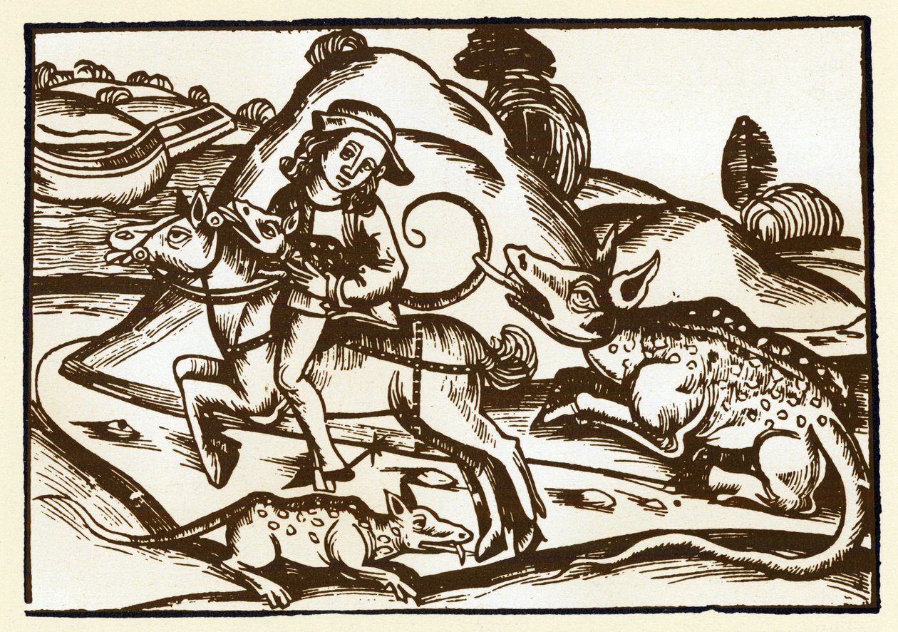 Matkustaja tapaa kaksi hirviömäistä tiikerit, jotka näyttävät basilikasta. Esopen sadut (kaiverrus, 1400-luvun loppu) tekijältä Unknown artist
