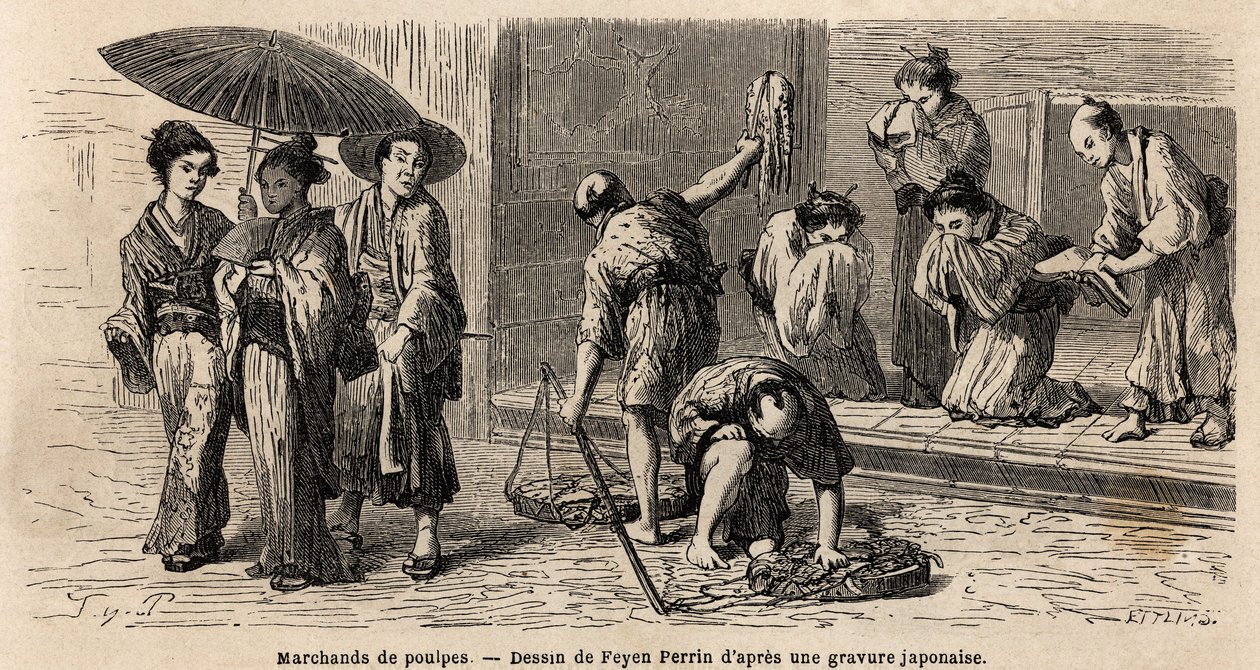 Matkustava mustekalakauppias tarjoaa tuotteitaan ohikulkijoille Edo Streetillä (tai Yedo Streetillä, nykyisessä Tokiossa). Kaiverrus havainnollistamaan matkaa Japaniin vuosina 1863-1864, Sveitsin valaliiton ministeri Aime Humbert "Le tour du monde, nouveau tekijältä Unknown artist