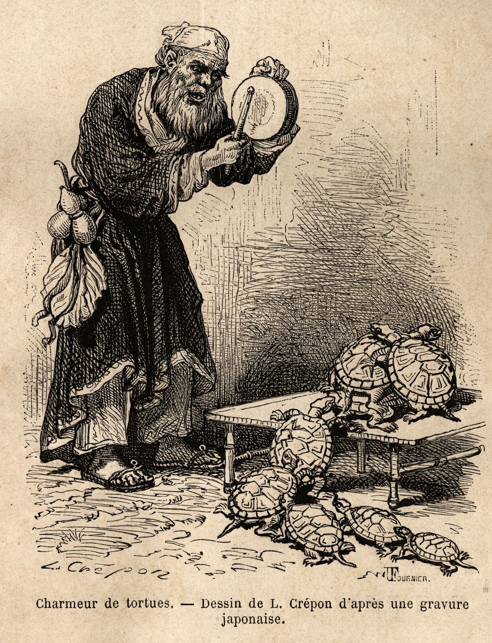 Kilpikonnan hurmaaja, joka kuuluu kerjäläisten ja keijusarlataanien väliseen hilloon. Kaiverrus havainnollistaa matkaa Japaniin, Sveitsin valaliiton ministeri Aime Humbert 1863-1864, julkaistu "" le tour du monde" -lehdessä tekijältä Unknown artist