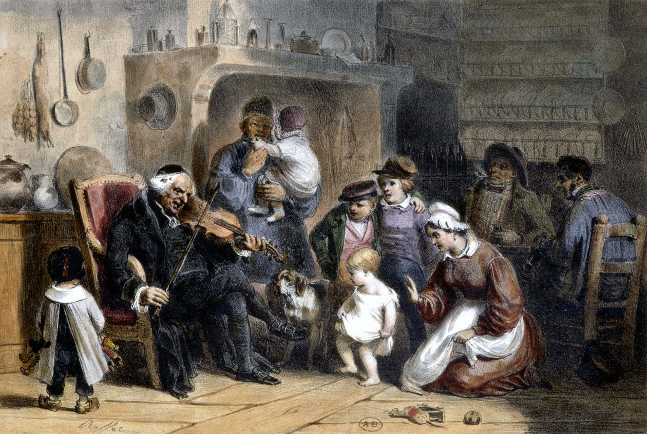 Valvonta: perhe kokoontui viulua soittavan papin ympärille. 1800-luvulla. tekijältä Unknown artist