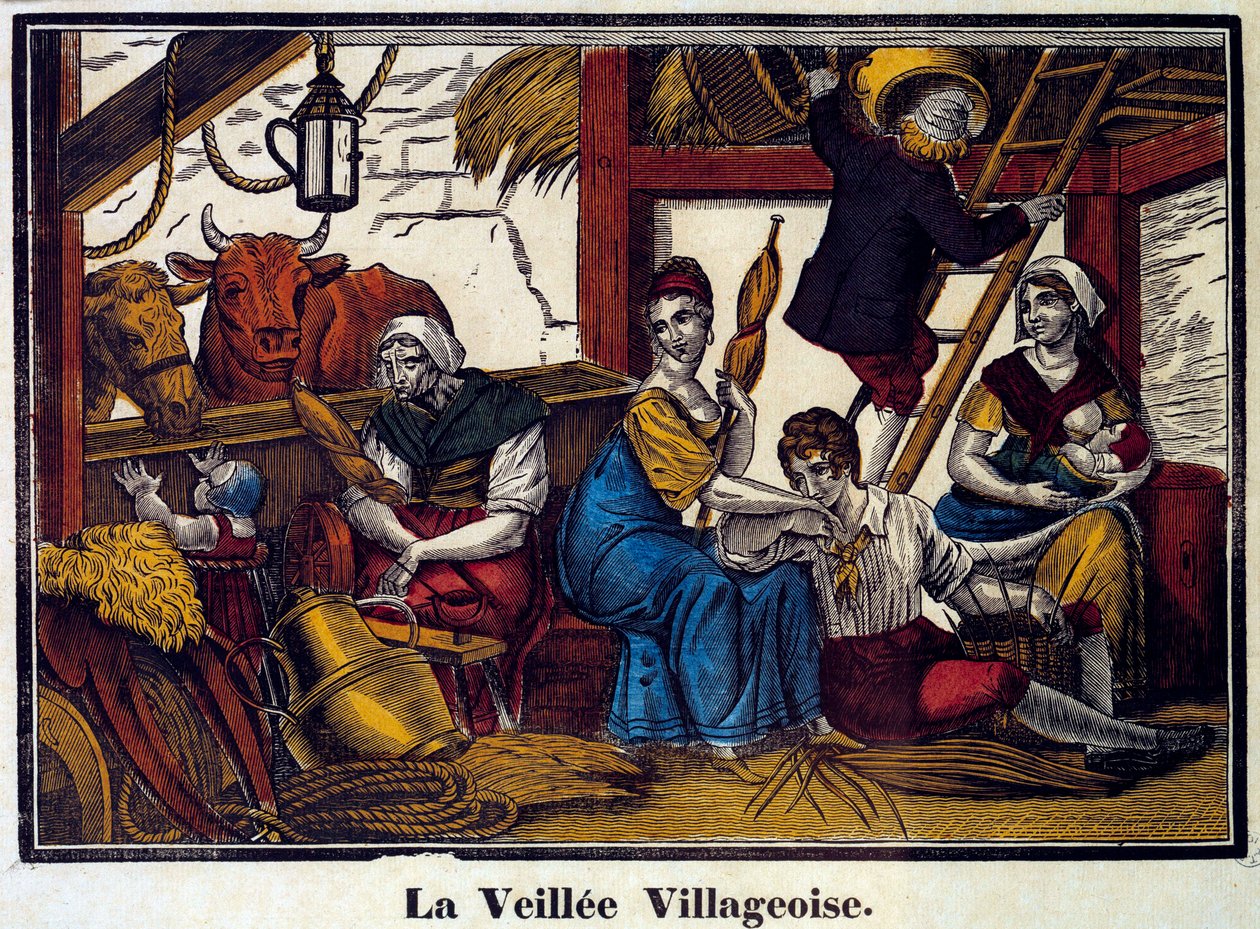 Kylän yöelämä: talonpoikaisperhe navetassa. Kaiverrus 1800-luvulta. Paris, B.N. tekijältä Unknown artist