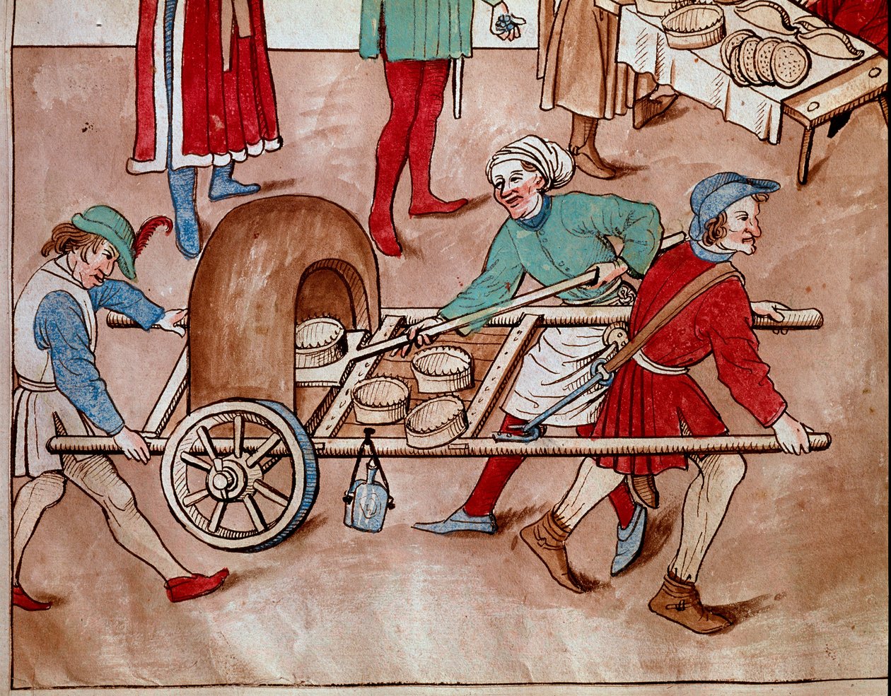 Kävelevä leipuri. Miniatyyri Ulrich Richentalin (1360-1437) "Konstanz kirkolliskokouksen kronikoista" 1438 suunnilleen Praha, kansalliskirjasto tekijältä Unknown artist