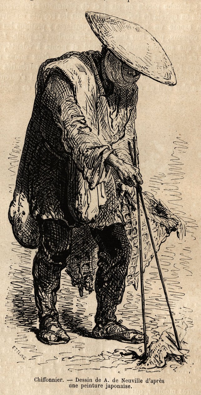 Kävelevä rätti, pitkiä syömäpuikkoja käyttäen hän nappaa korissaan varastoimaansa rievut ennen kuin myy ne tukkukauppiaalle. Sveitsin valaliiton ministerin Aime Humbertin 1863-1864 kaiverrus havainnollistamaan matkaa Japaniin, julkaistu "" le tour du -lehd tekijältä Unknown artist