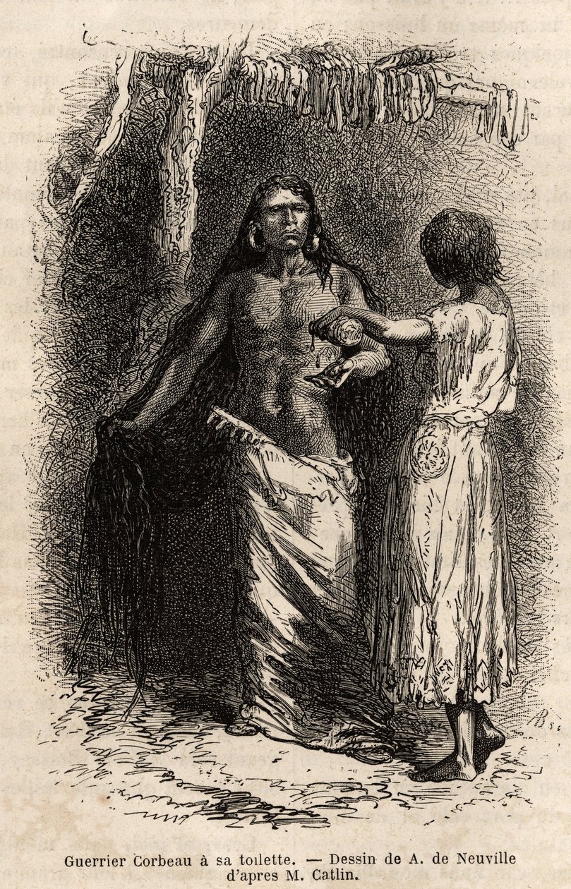 Crow-intiaaniheimon (varikset) soturi, joka asuu Lewis-joen varrella ja käy vessassa. G. Catlinin vuonna 1855 tekemä kaiverrus, joka havainnollistaa Kolumbian ja Ylä-Missourin altaiden intiaaniheimojen välistä tutkimusmatkaa, julkaistiin lehdessä "" le tou tekijältä Unknown artist