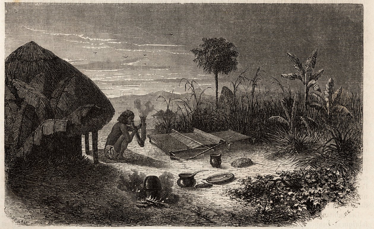 Kutoja ja hänen kutojansa Zambeze-joen rannalla. Kaiverrus havainnollistamaan tohtori Livingstonen ensimmäisiä matkoja Etelä-Afrikkaan vuosina 1840–1856 Edouard Chartonin johdolla julkaistussa "Le tour du monde, nouveau journal des voyages" -julkaisussa tekijältä Unknown artist