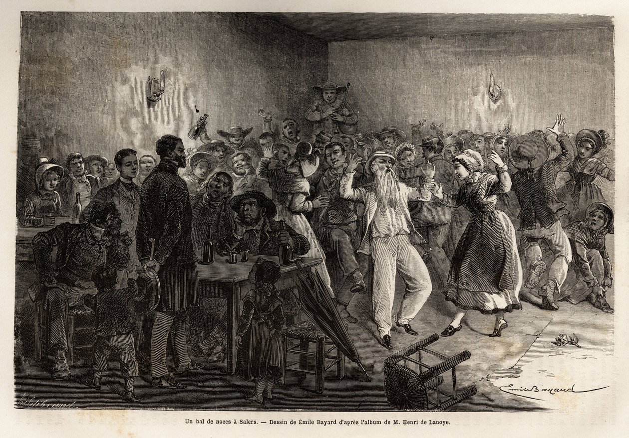 Hääjuhla Salersissa, kaiverrus havainnollistamaan matkaa Keski-Ranskan tulivuorille vuonna 1864 "Le tour du monde, nouveau journal des voyages" -julkaisussa, joka julkaistiin Edouard Chartonin johdolla. tekijältä Unknown artist