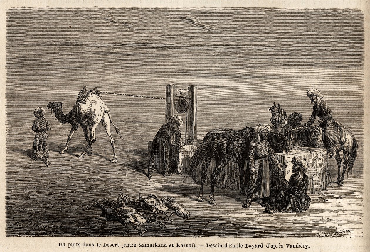 Kaivo autiomaassa, Samarkandin ja Karshin (nykyisen Uzbekistanin kaupungit) välissä. Emile Bayardin (1837-1891) piirustus havainnollistamaan matkaa Keski-Aasiaan vuonna 1863, Arminius Vamberyn (unkarilainen tiedemies naamioitunut dervishiin). Kaiverrus kir tekijältä Unknown artist