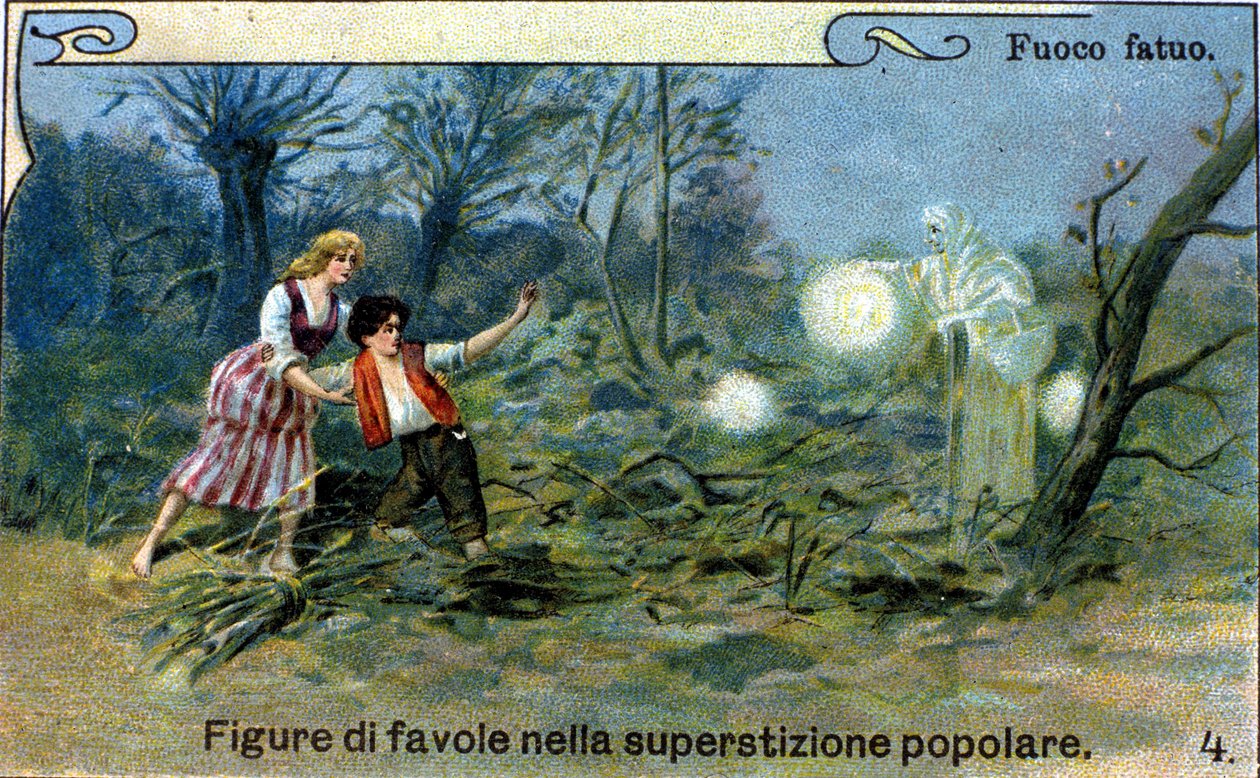 Villi tuli, hajavalo, joka näkyy yöllä soiden ja hautausmaiden lähellä, olisi nokkela henki kansanperinteestä. kromolitografia 1800-luvulta. tekijältä Unknown artist