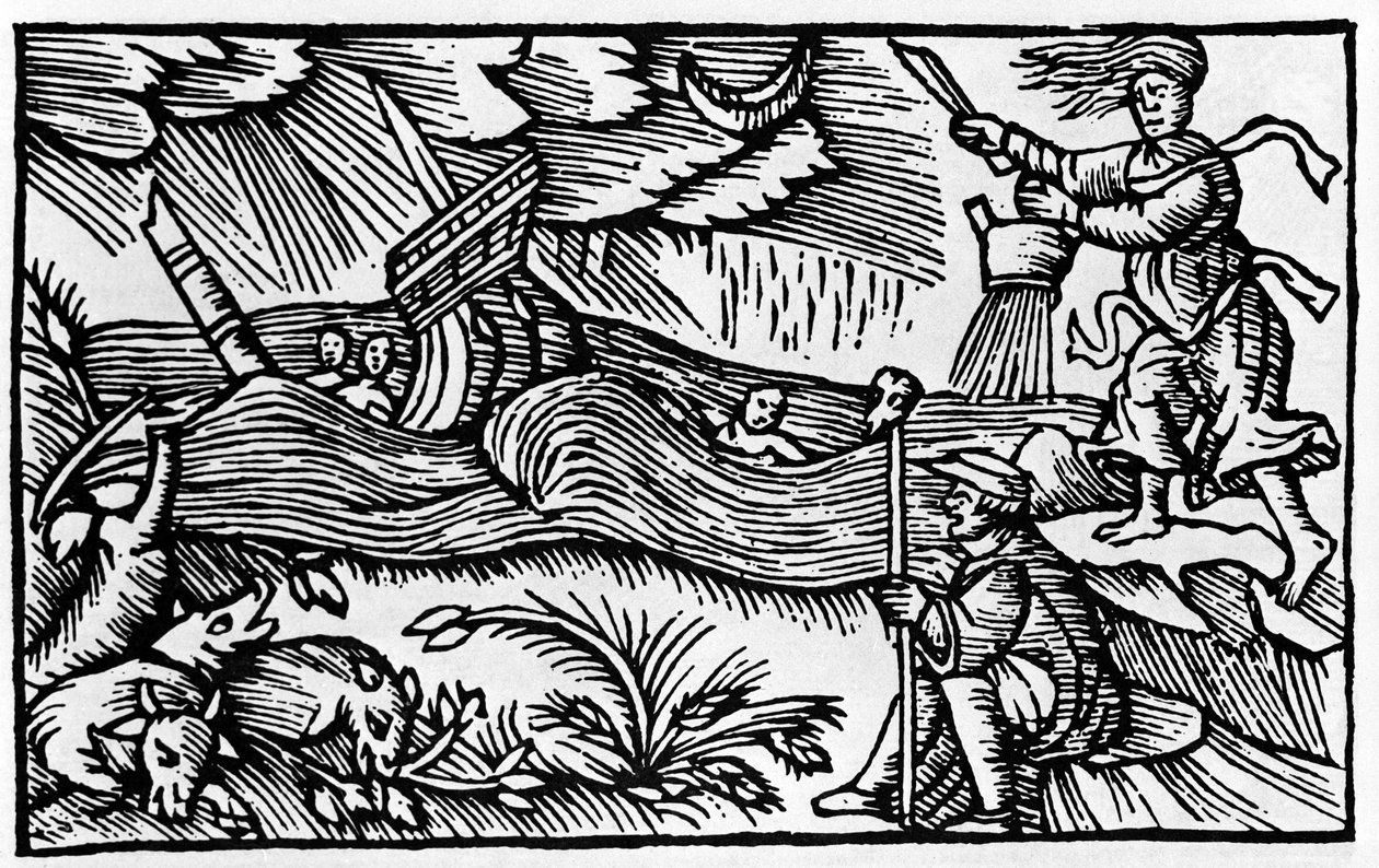 Noita aiheuttaa myrskyn Olaus Magnuksen "Historia de gentis nortentrionalibu" jälkeen, Rooma 1555 tekijältä Unknown artist
