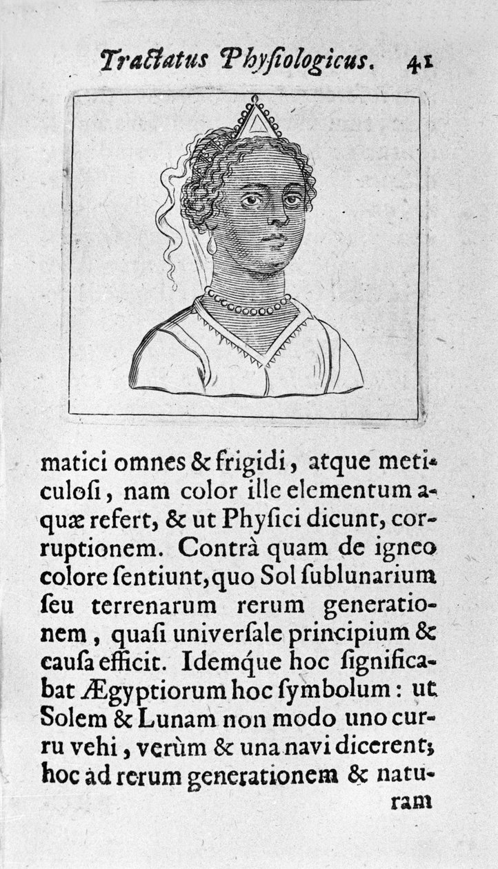 Naisella on musta iho. Sivu otettu teoksesta "Tractatus physiologicus de pulchritudine"" käsittelee Ernesto Venioa (Ernestus Vaenius) puolustamassa luomakunnan kauneutta nimetöntä vastustajaa vastaan. 1612 tekijältä Unknown artist