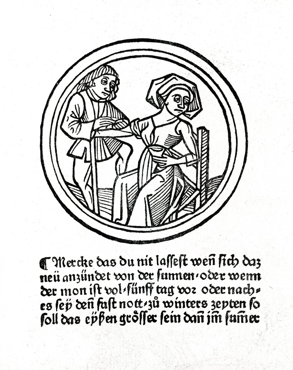 Naisen verenvuoto. Ksylografia Hyeronimus Braunschweigin "Buch de Surgeryssa". Strasbourg 1497 tekijältä Unknown artist