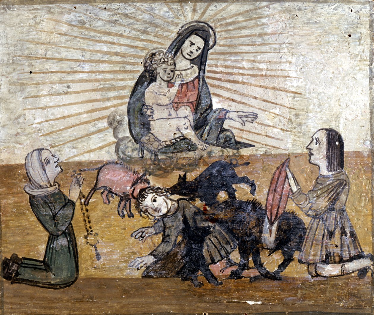 Nuori poika joutui villisikojen (villisikojen) kimppuun. Ex voto 1500-luvulta Madonna del Monten pyhäköstä lähellä Cesenaa (Forlí). tekijältä Unknown artist