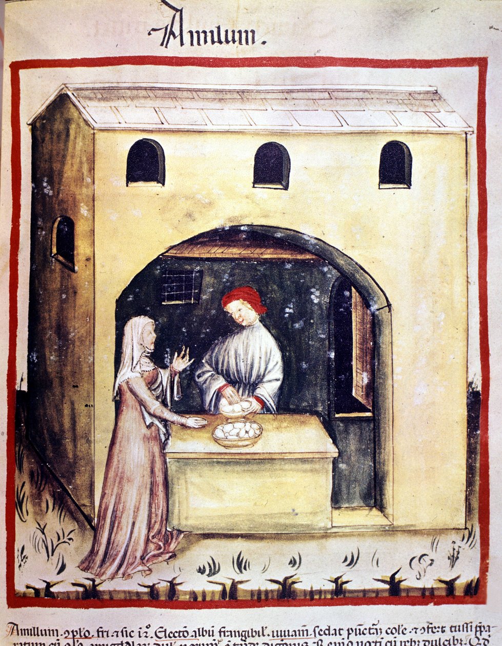 Nuori nainen ostaa munia kauppiaalta. Valaistus lääketieteen ja dietetiikan lypsystä "" Tacuinum sanitatis"" tekijältä Unknown artist