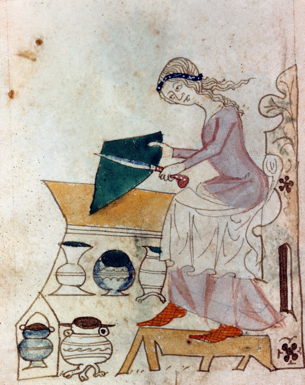Nuori nainen teroittamassa veistä. Miniatyyri otettu provencelaisesta käsikirjoituksesta, jonka tyyppi on "" Dis des philosophes"" (MS Palat. 586) 1300-luvun Biblioteca Nazionale Florence tekijältä Unknown artist