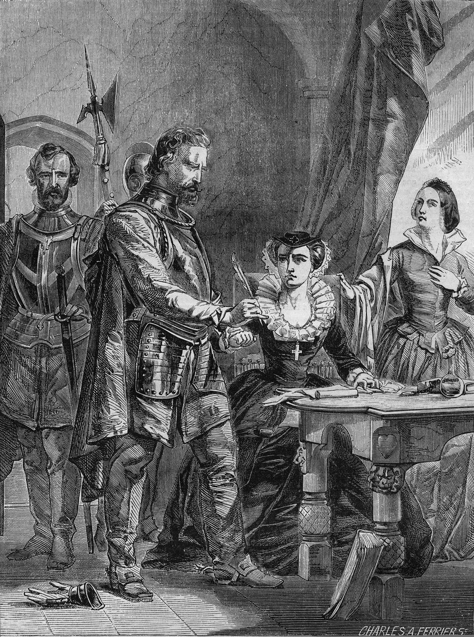 Skotlannin ja Ranskan kuningattaren (1559-1560) Maria I Stuartin (1542-1587) luopuminen kruunusta. Kaiverrus vuodelta 1861. tekijältä Unknown artist