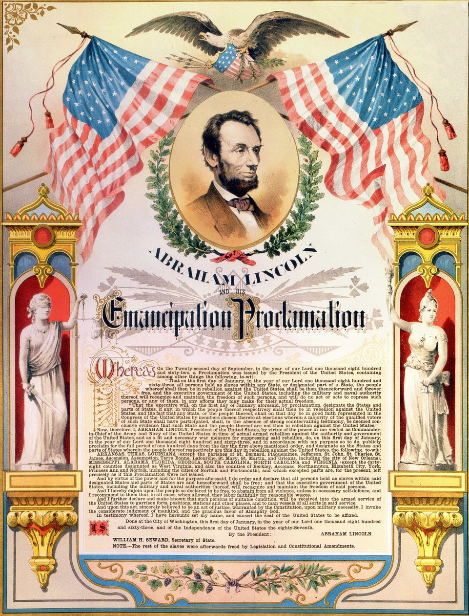 Abraham Lincoln ja hänen julistuksensa orjien vapautumisesta (liput ja kotka). 22/09/1862. tekijältä Unknown artist