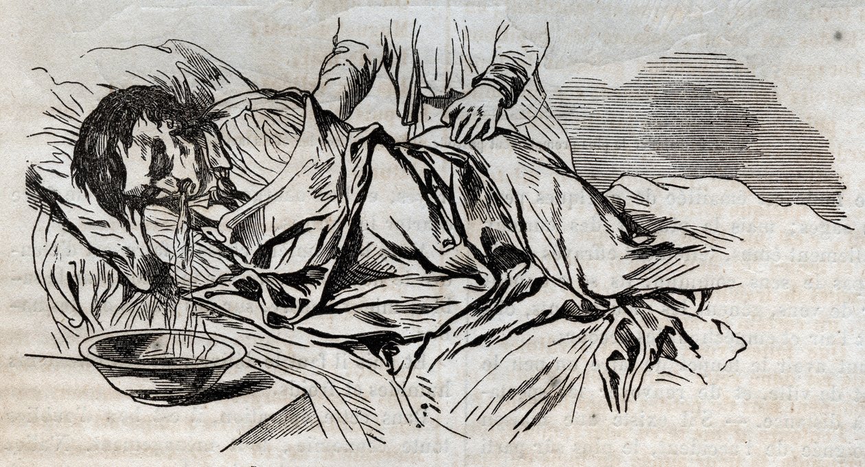 Onnettomuuslääketiede - tehokkaimmasta avustuksesta hukkuneille - pähkinävaipat kyljessä ja juomansa veden oksentaminen - kaiverrus "La Sante Universelle - Guide Medical des Familles" 1852 tekijältä Unknown artist