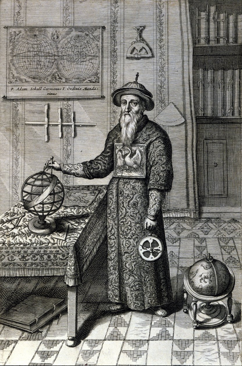 Adam Schall, tähtitieteilijä (1592-1666) mandariiniasussa Pekinin observatoriossa, Athanase Kircherin (tai Athanasius Kircherin) "Kiinassa" tekijältä Unknown artist