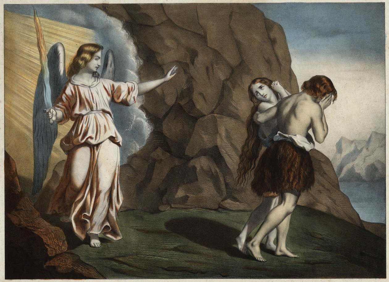 Aadam ja Eeva ajoivat takaa paratiisista. Anonyymi kaiverrus 1800-luvun puolivälistä. tekijältä Unknown artist