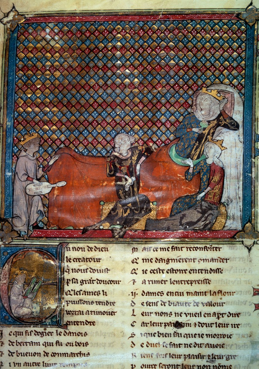Adenet le Roi (noin 1240 - noin 1300), runoilija ja menestrel, lausuu Cleomadesin romaanin ennen Mathilde de Brabantia (1224-1288) ja Kastilian prinsessa Blanchea (Saint Louisin tytär). Miniatyyri ranskalaisen runokokoelmasta tekijältä Unknown artist