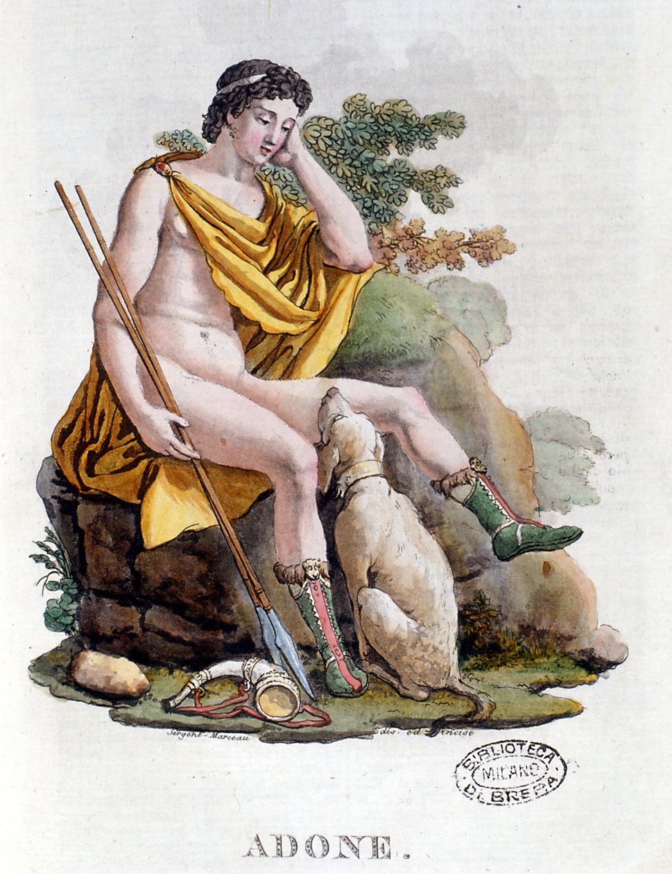 Adonis. Foinikialaista alkuperää oleva kreikkalainen jumala. 1800-luvun kaiverrus. Biblioteca nazionale Braidense. Milano tekijältä Unknown artist